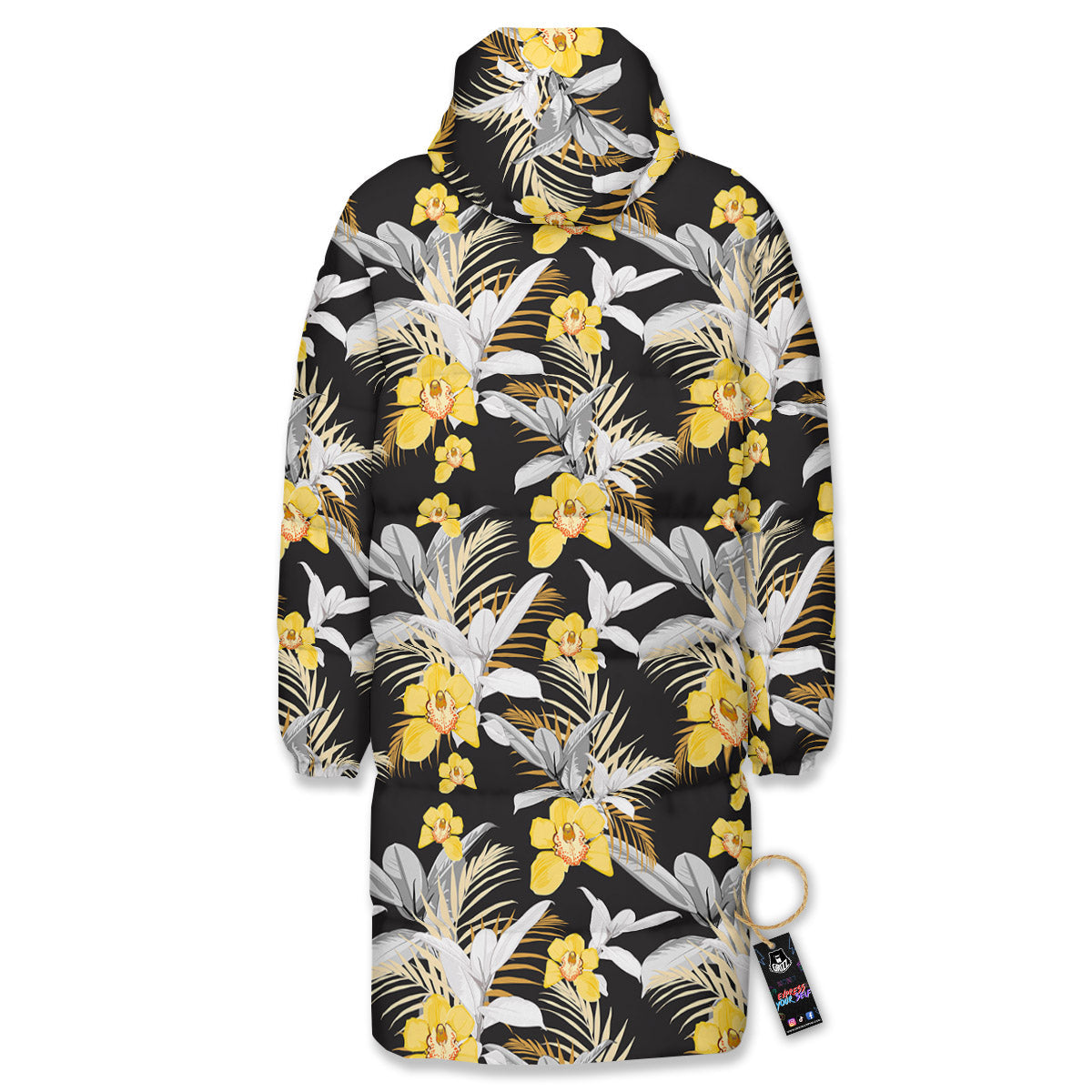 Plumeria Yellow And Black Print Pattern Long Down Jacket-grizzshop