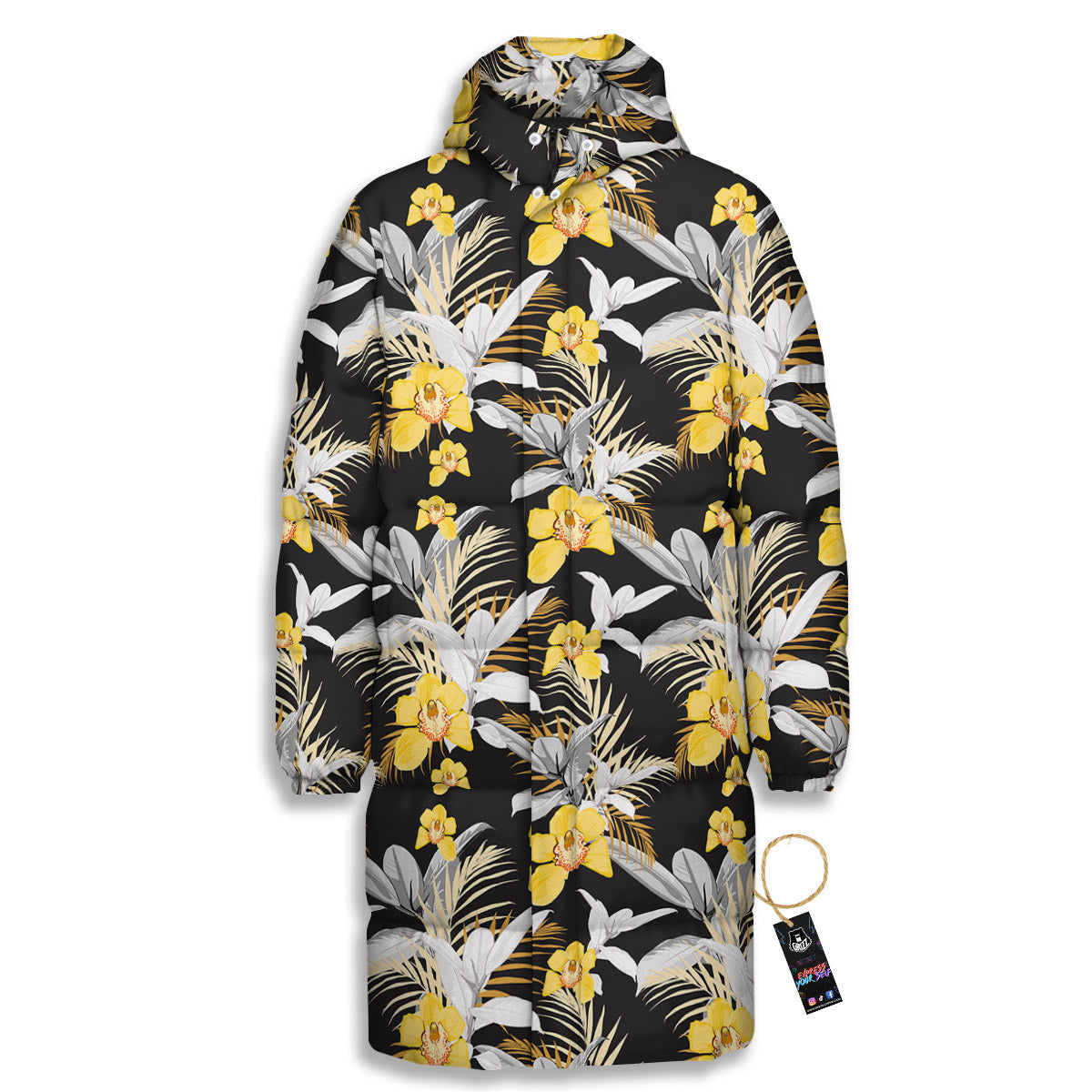 Plumeria Yellow And Black Print Pattern Long Down Jacket-grizzshop