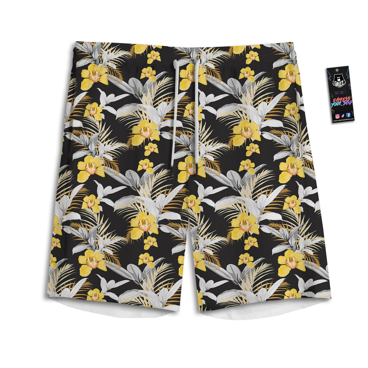Plumeria Yellow And Black Print Pattern Men's Athletic Shorts