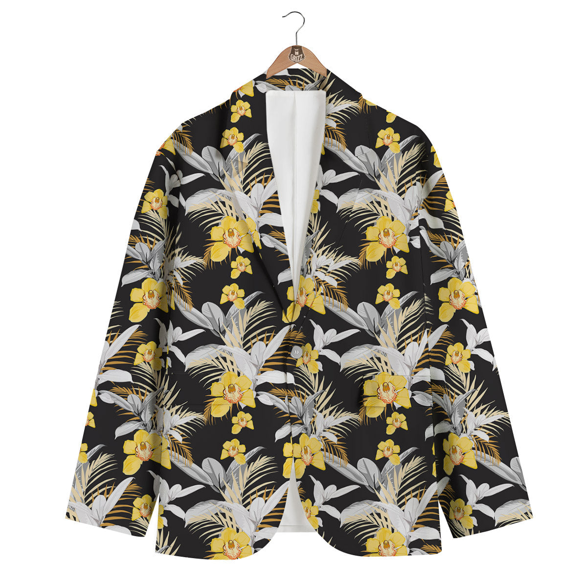 Plumeria Yellow And Black Print Pattern Men's Blazer-grizzshop