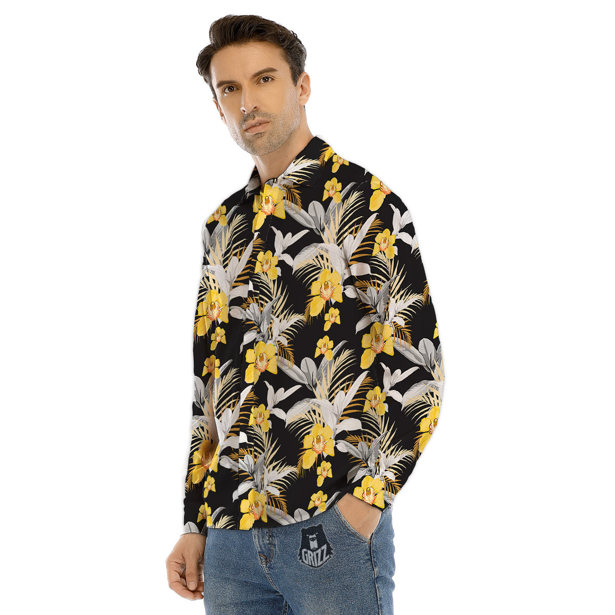 Plumeria Yellow And Black Print Pattern Men's Dress Shirts-grizzshop