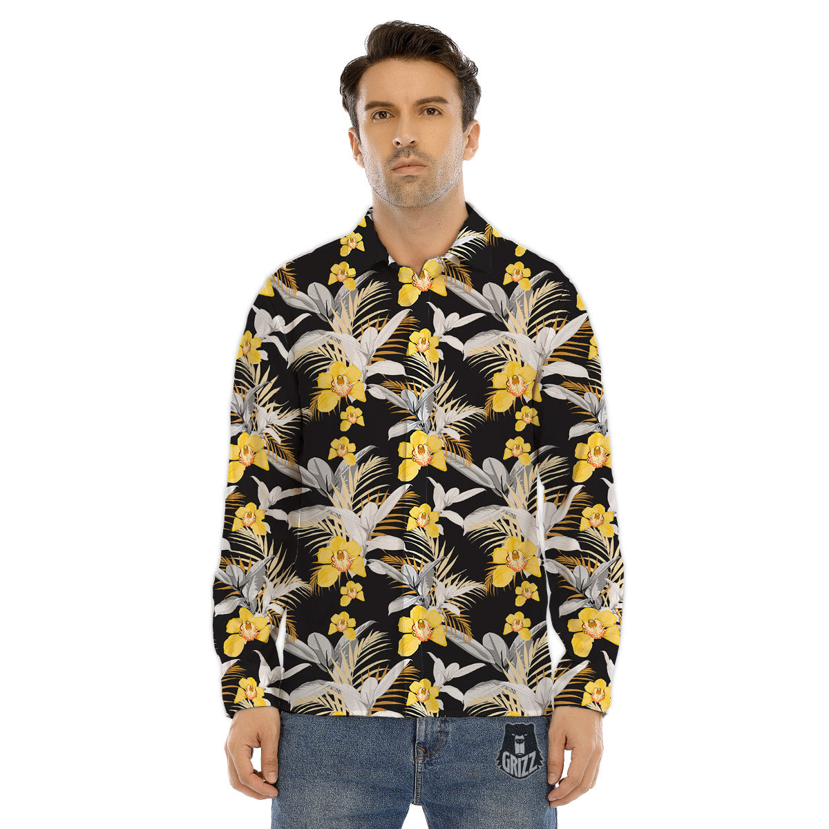 Plumeria Yellow And Black Print Pattern Men's Dress Shirts-grizzshop