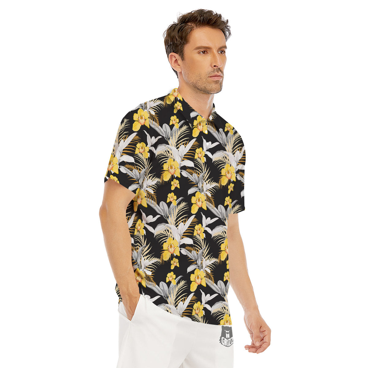 Plumeria Yellow And Black Print Pattern Men's Golf Shirts-grizzshop