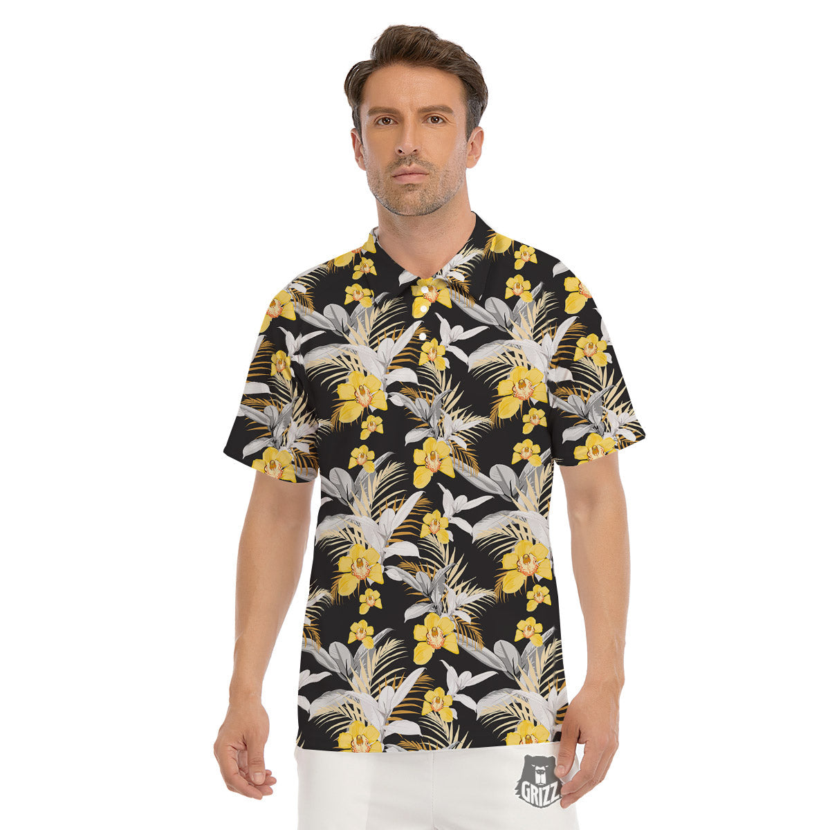 Plumeria Yellow And Black Print Pattern Men's Golf Shirts-grizzshop