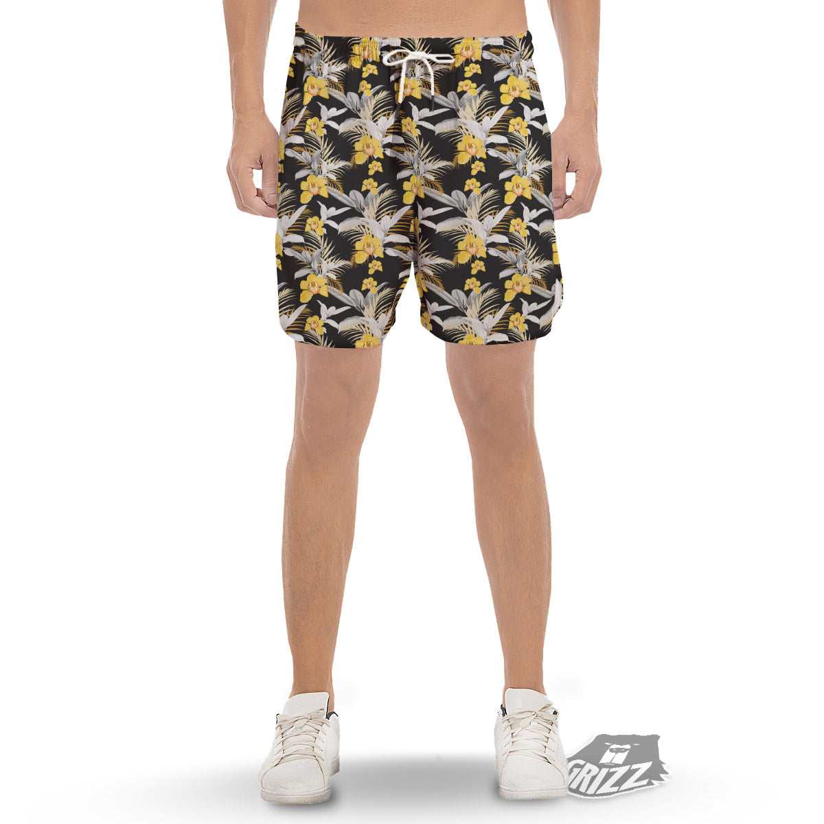 Plumeria Yellow And Black Print Pattern Men's Gym Shorts-grizzshop