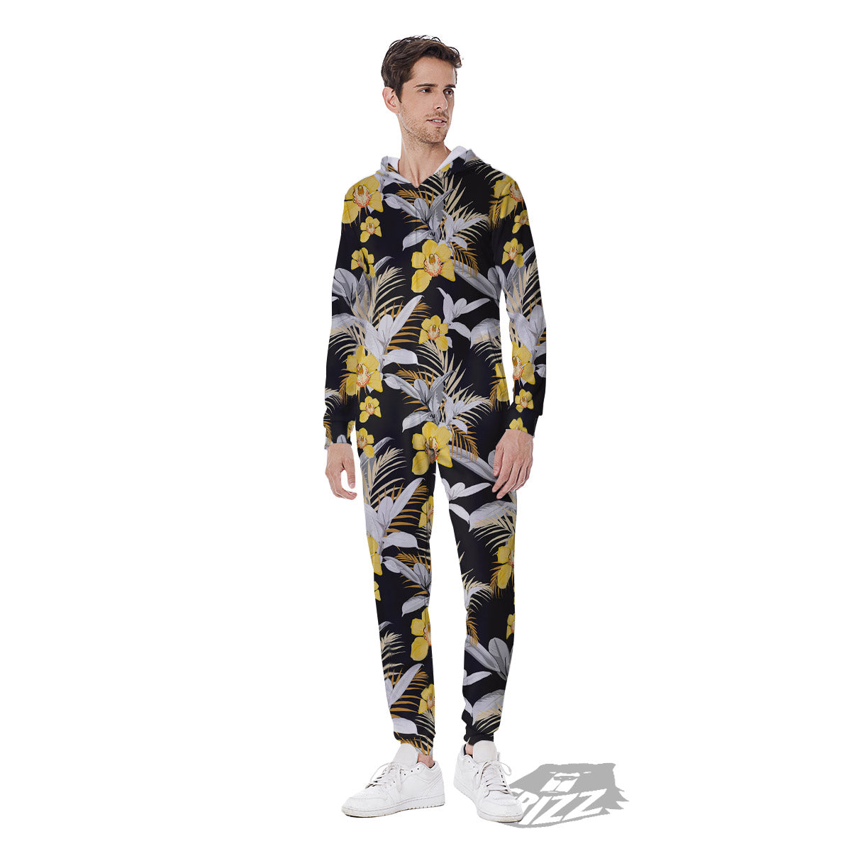 Plumeria Yellow And Black Print Pattern Men's Jumpsuit-grizzshop