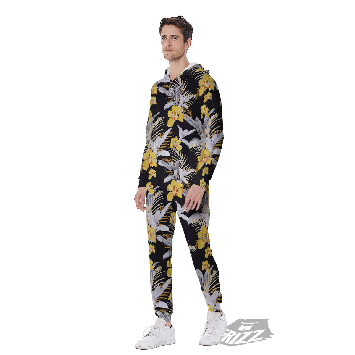 Plumeria Yellow And Black Print Pattern Men's Jumpsuit-grizzshop