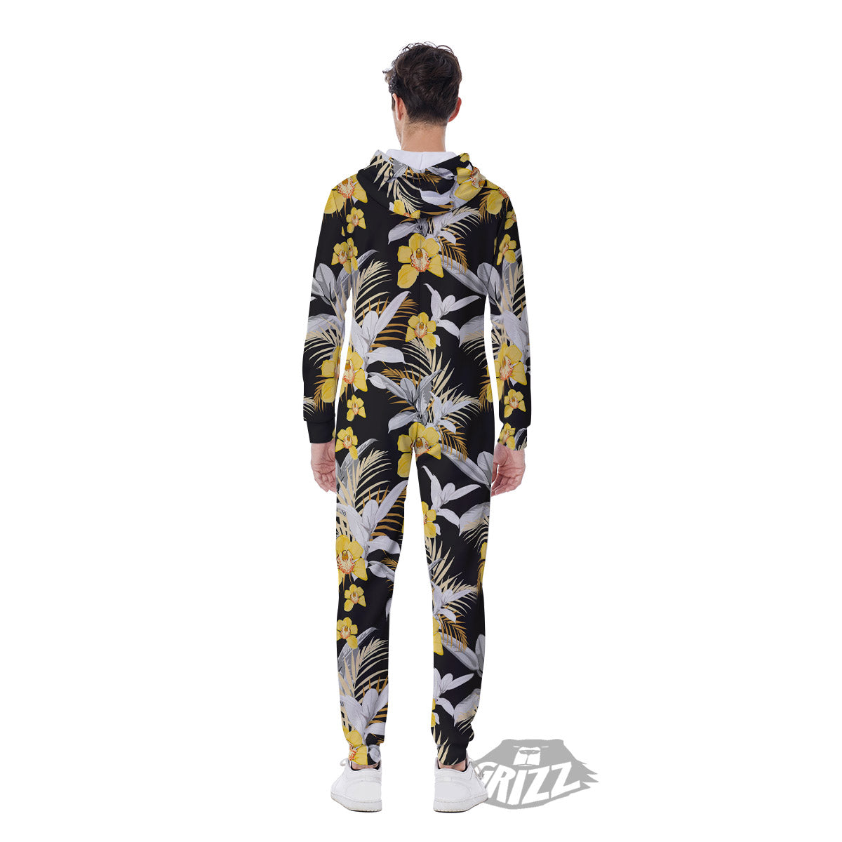 Plumeria Yellow And Black Print Pattern Men's Jumpsuit-grizzshop