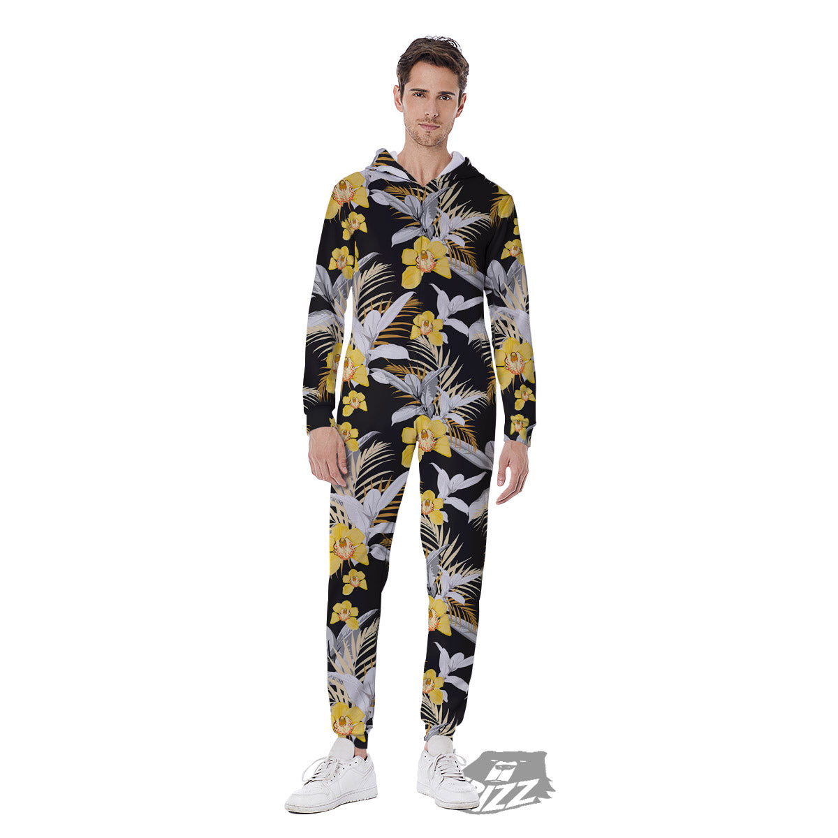 Plumeria Yellow And Black Print Pattern Men's Jumpsuit-grizzshop