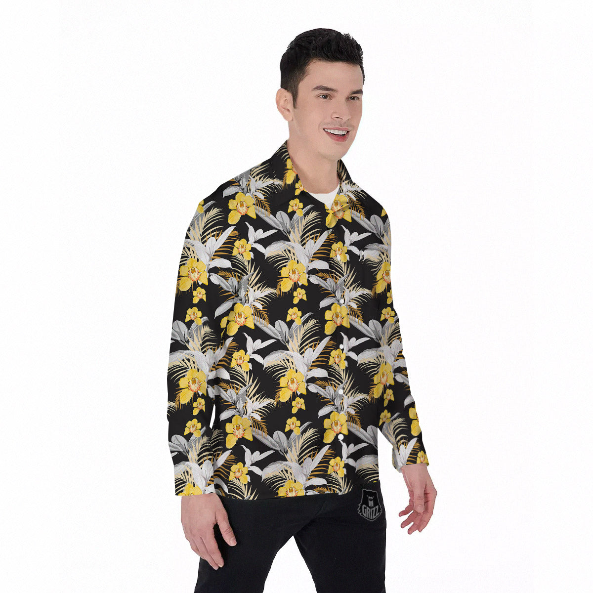 Plumeria Yellow And Black Print Pattern Men's Long Sleeve Shirts-grizzshop