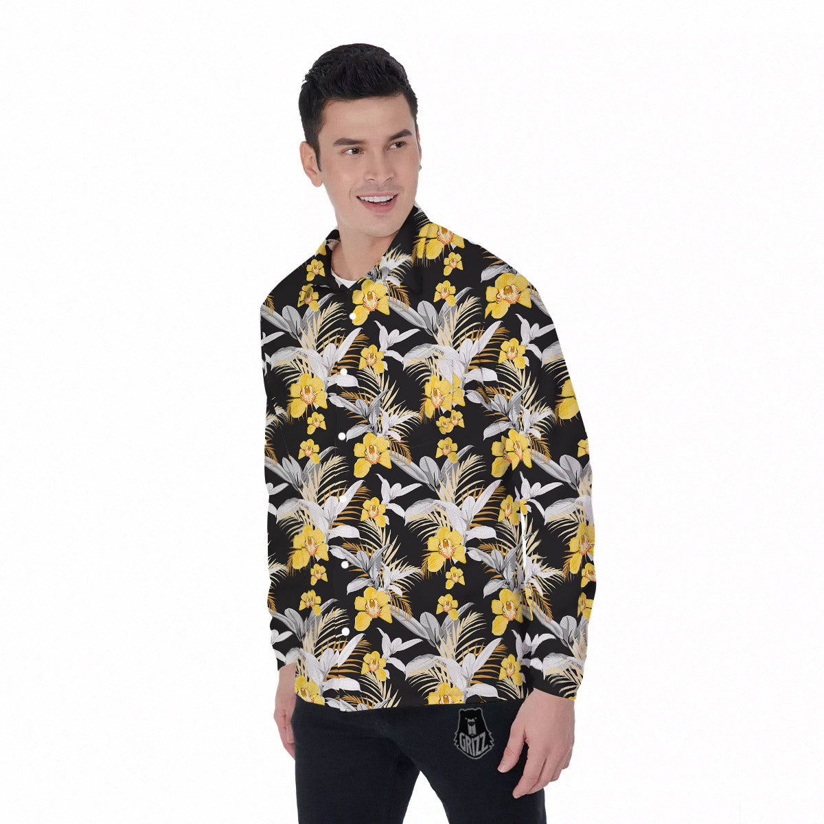 Plumeria Yellow And Black Print Pattern Men's Long Sleeve Shirts-grizzshop