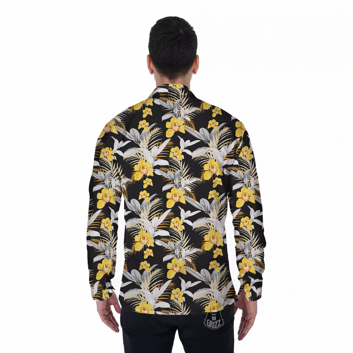 Plumeria Yellow And Black Print Pattern Men's Long Sleeve Shirts-grizzshop