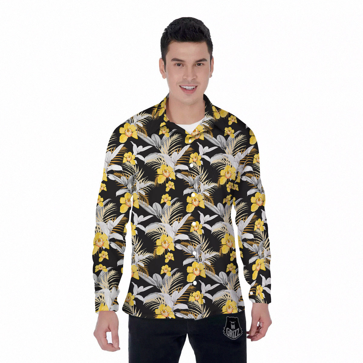 Plumeria Yellow And Black Print Pattern Men's Long Sleeve Shirts-grizzshop