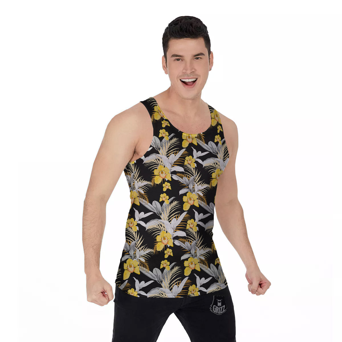 Plumeria Yellow And Black Print Pattern Men's Tank Top-grizzshop