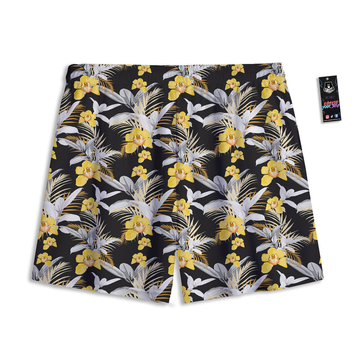 Plumeria Yellow And Black Print Pattern Mesh Shorts