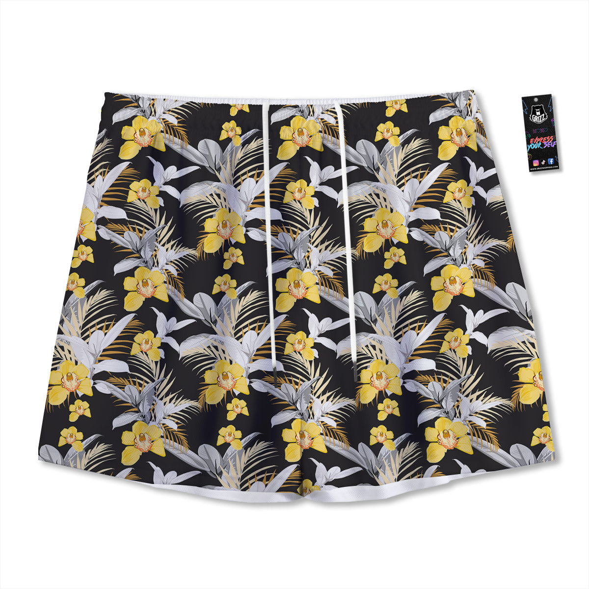 Plumeria Yellow And Black Print Pattern Mesh Shorts