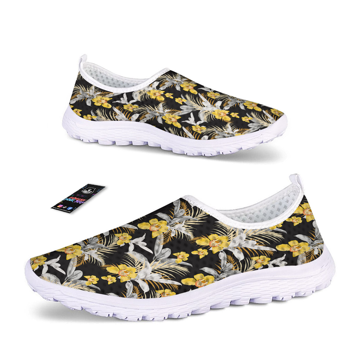 Plumeria Yellow And Black Print Pattern Nurse Shoes-grizzshop