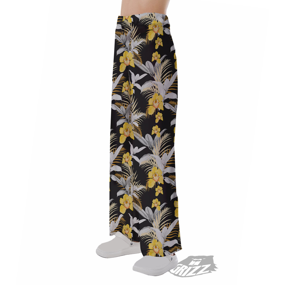 Plumeria Yellow And Black Print Pattern Pajama Pants-grizzshop