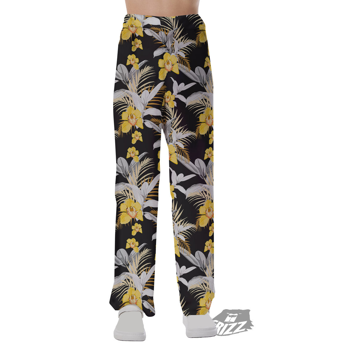 Plumeria Yellow And Black Print Pattern Pajama Pants-grizzshop