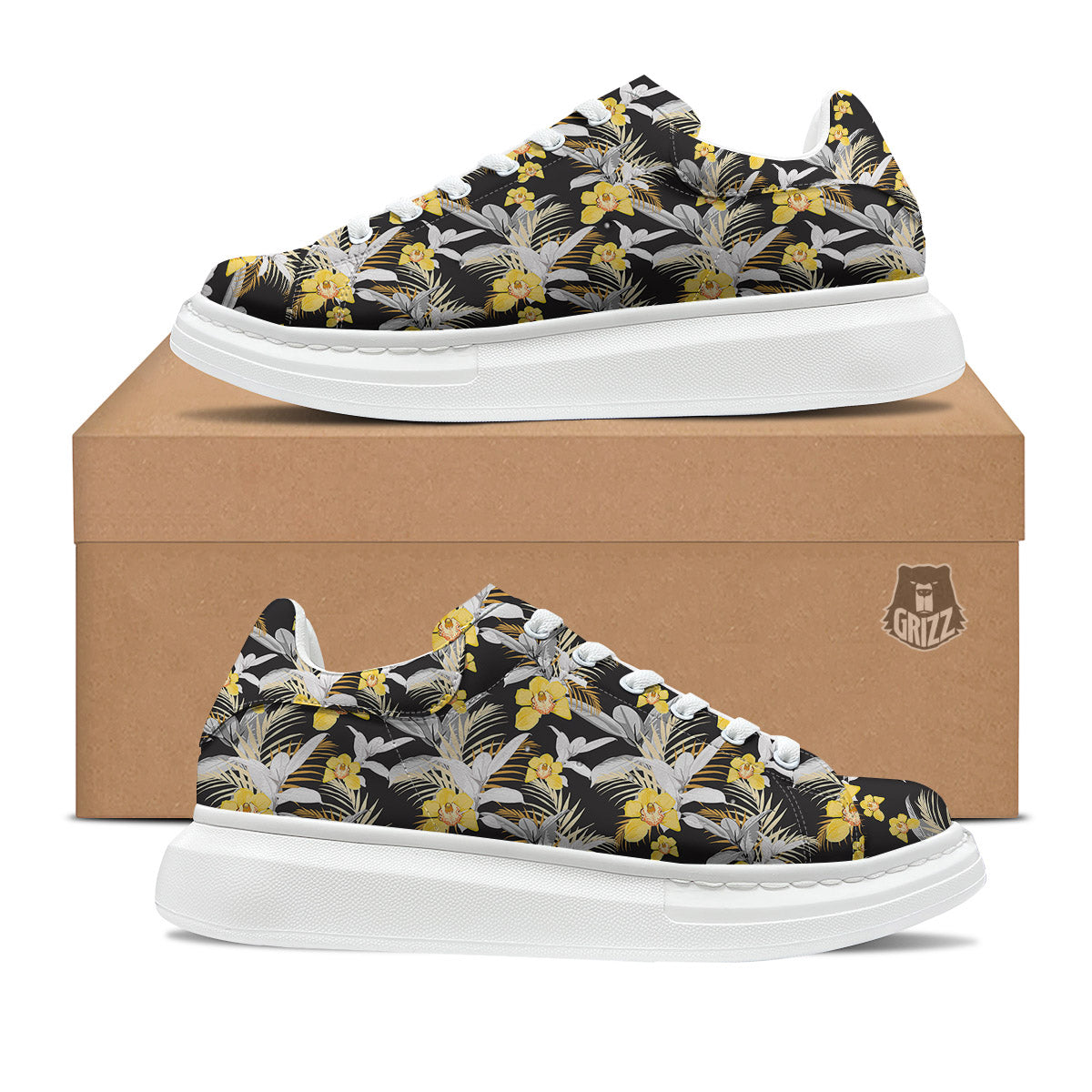 Plumeria Yellow And Black Print Pattern Platform Shoes-grizzshop