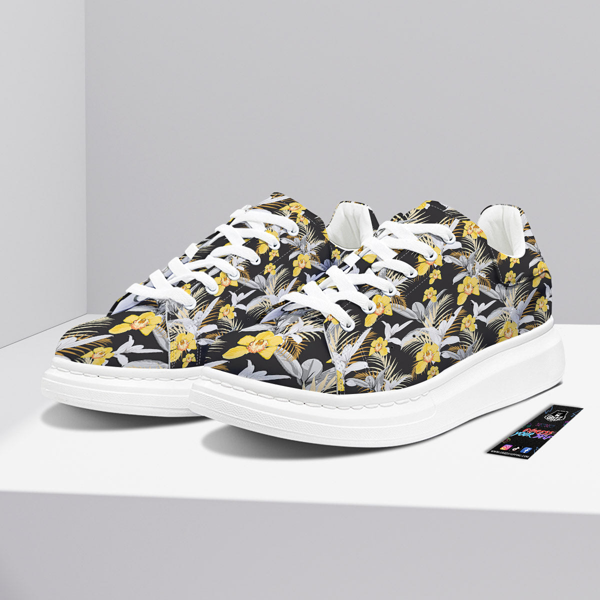 Plumeria Yellow And Black Print Pattern Platform Shoes-grizzshop