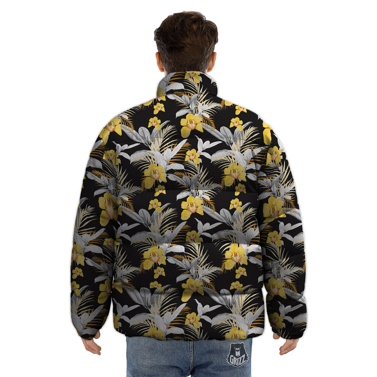Plumeria Yellow And Black Print Pattern Puffer Jacket-grizzshop