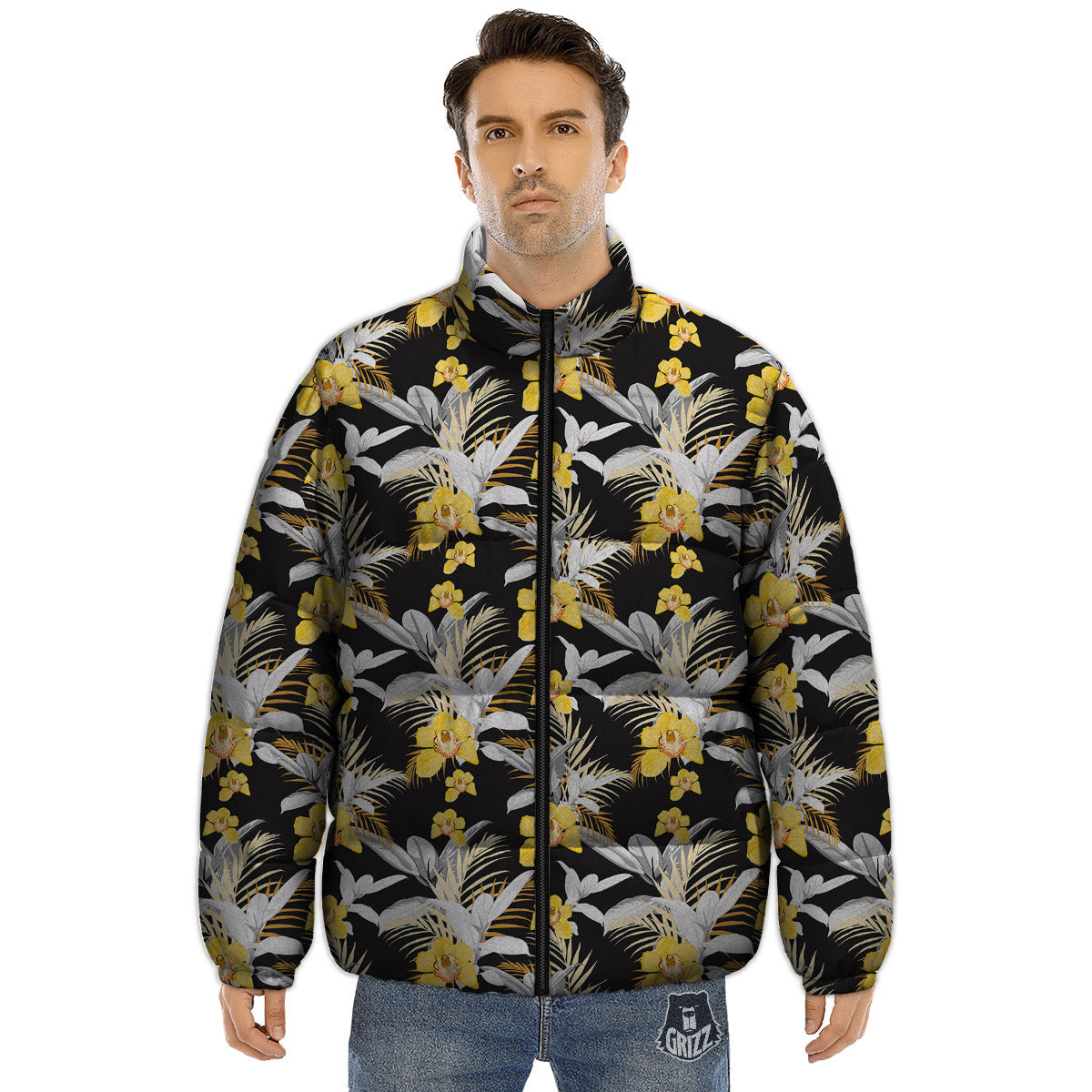 Plumeria Yellow And Black Print Pattern Puffer Jacket-grizzshop