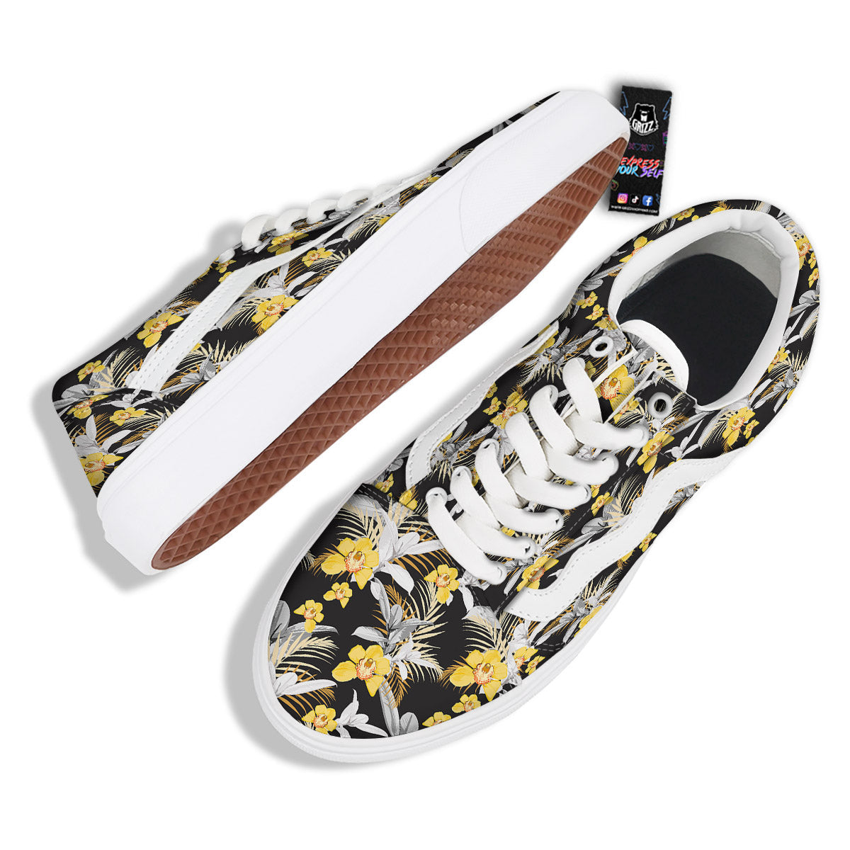 Plumeria Yellow And Black Print Pattern Skate Shoes-grizzshop