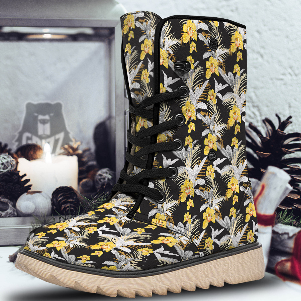 Plumeria Yellow And Black Print Pattern Snow Boots-grizzshop