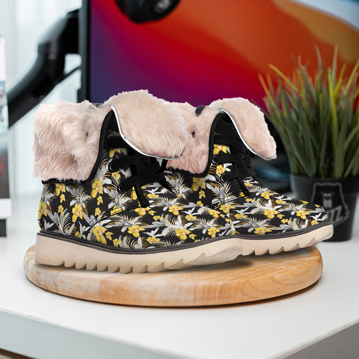Plumeria Yellow And Black Print Pattern Snow Boots-grizzshop