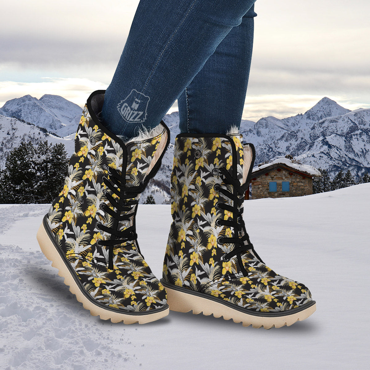 Plumeria Yellow And Black Print Pattern Snow Boots-grizzshop