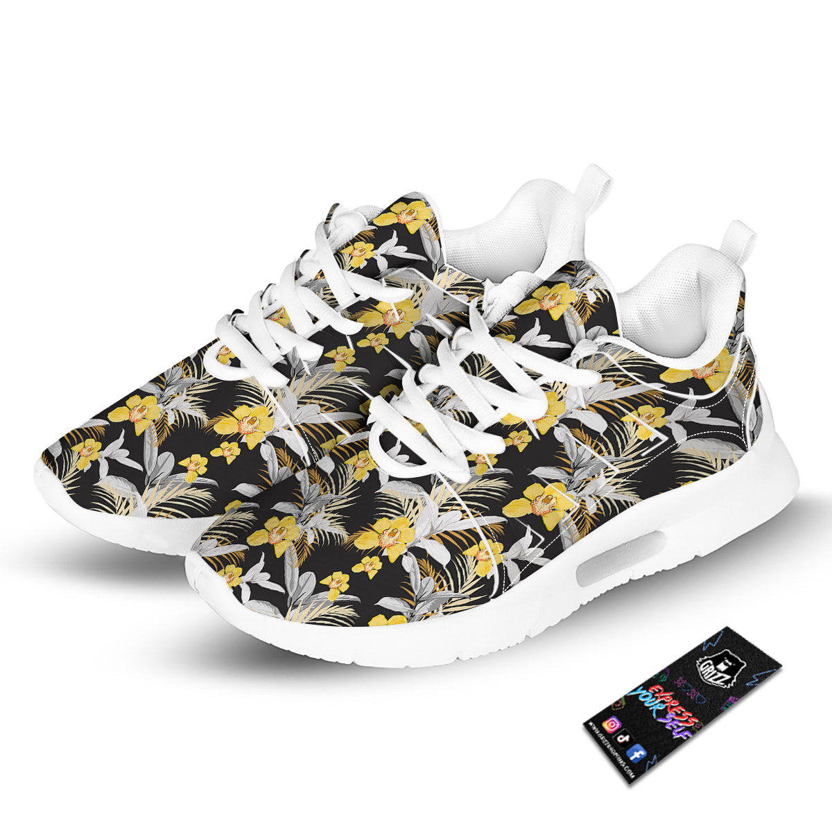 Plumeria Yellow And Black Print Pattern Tennis Shoes-grizzshop