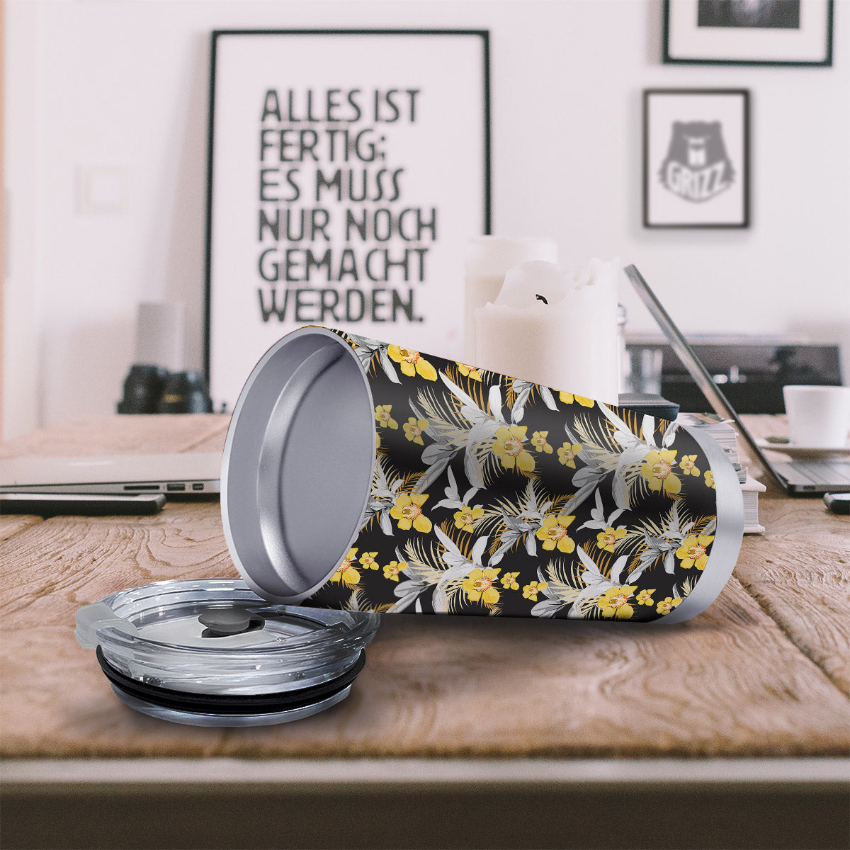 Plumeria Yellow And Black Print Pattern Tumbler-grizzshop