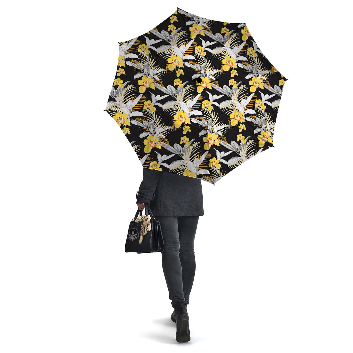 Plumeria Yellow And Black Print Pattern Umbrella-grizzshop