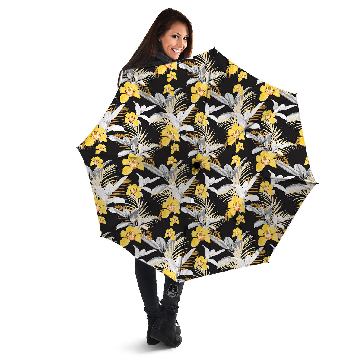 Plumeria Yellow And Black Print Pattern Umbrella-grizzshop