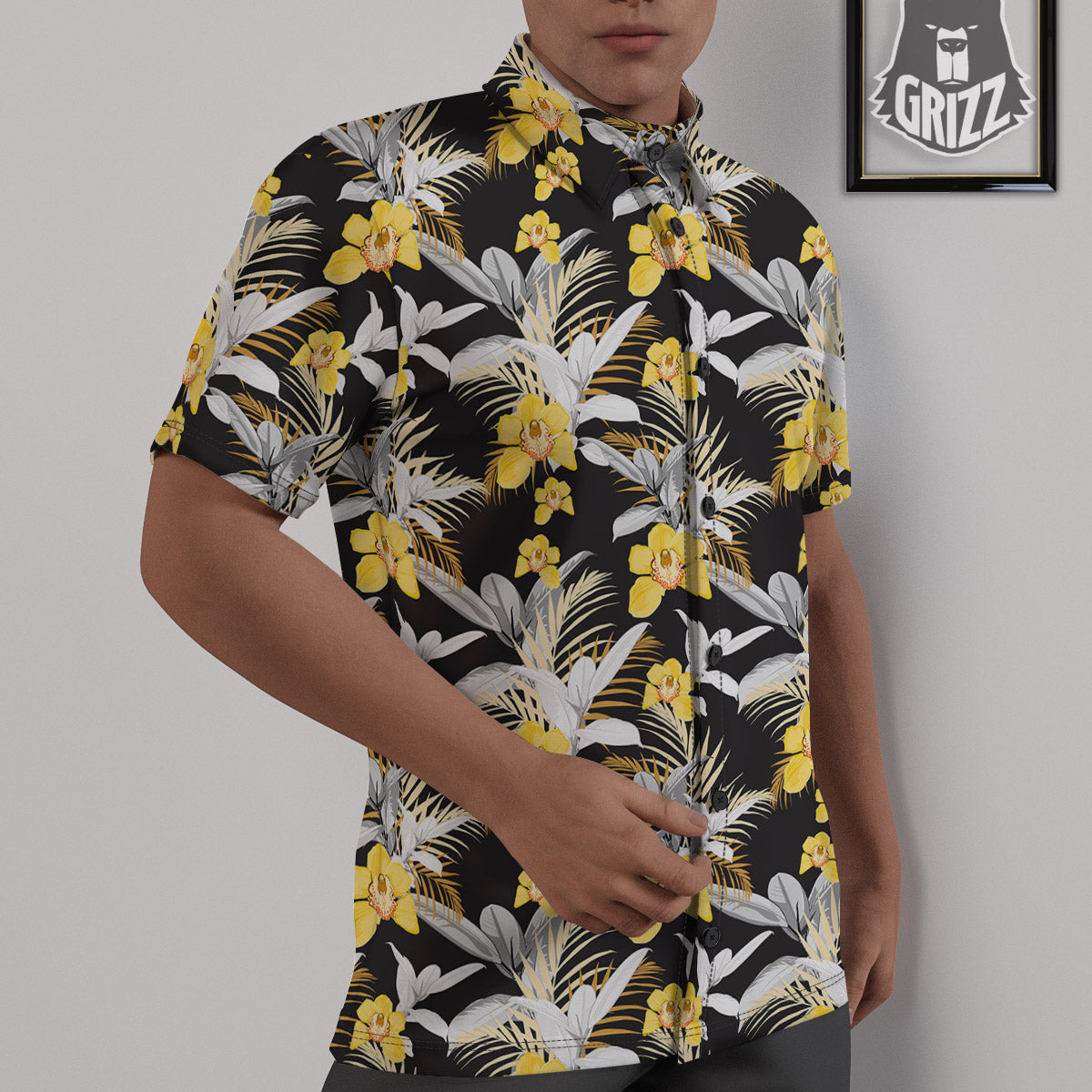 Plumeria Yellow And Black Print Pattern Untucked Shirts-grizzshop