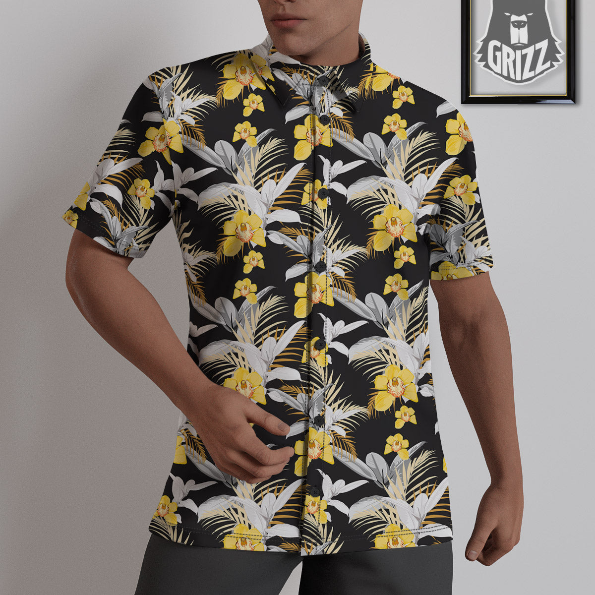 Plumeria Yellow And Black Print Pattern Untucked Shirts-grizzshop