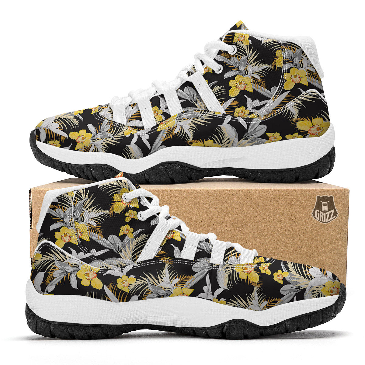 Plumeria Yellow And Black Print Pattern White Bball Shoes-grizzshop