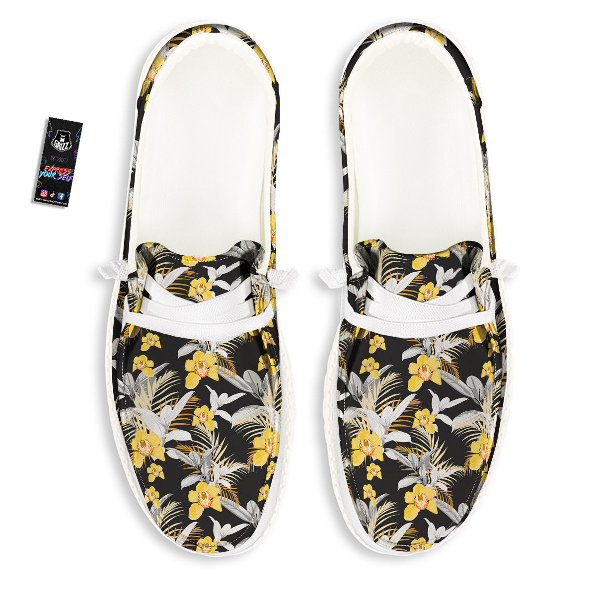 Plumeria Yellow And Black Print Pattern White Loafers-grizzshop