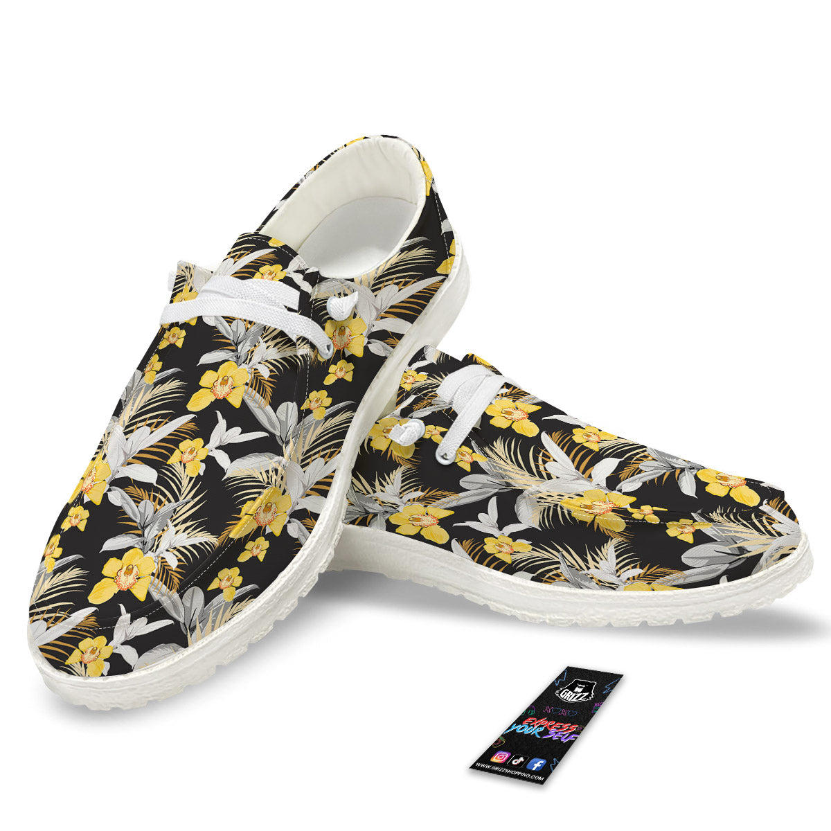 Plumeria Yellow And Black Print Pattern White Loafers-grizzshop