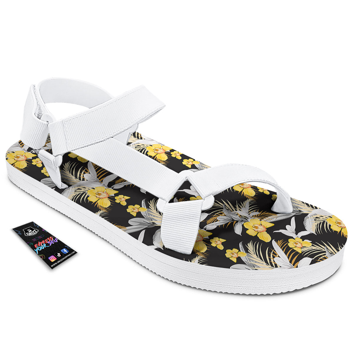 Plumeria Yellow And Black Print Pattern White Open Toe Sandals-grizzshop
