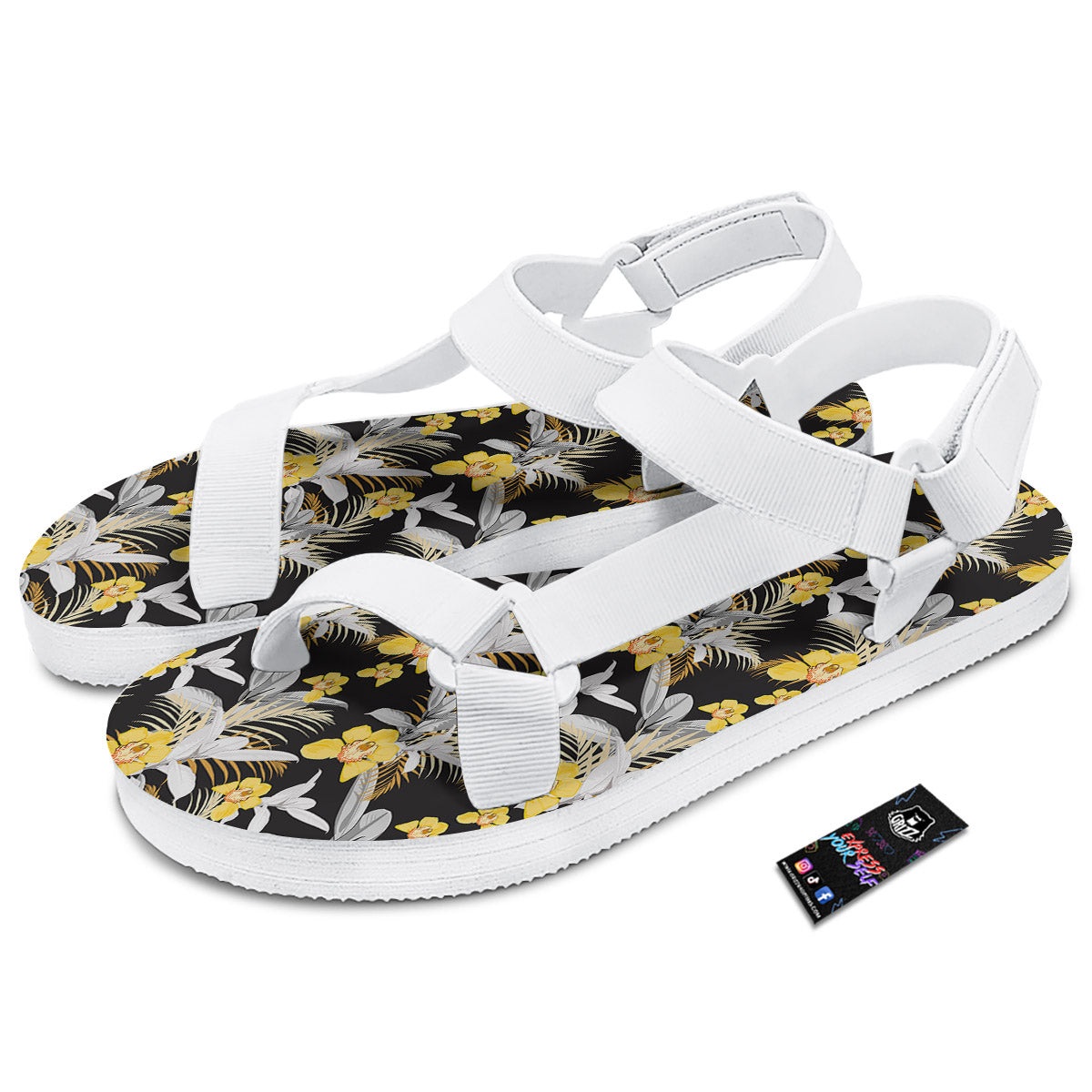 Plumeria Yellow And Black Print Pattern White Open Toe Sandals-grizzshop
