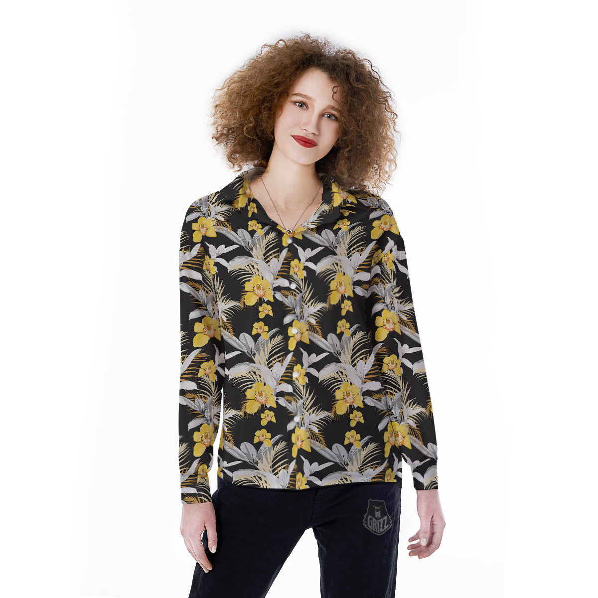 Plumeria Yellow And Black Print Pattern Women's Long Sleeve Shirts-grizzshop
