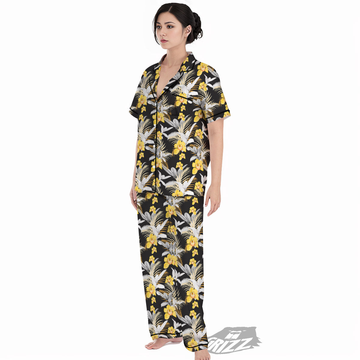 Plumeria Yellow And Black Print Pattern Women's Pajamas Set-grizzshop