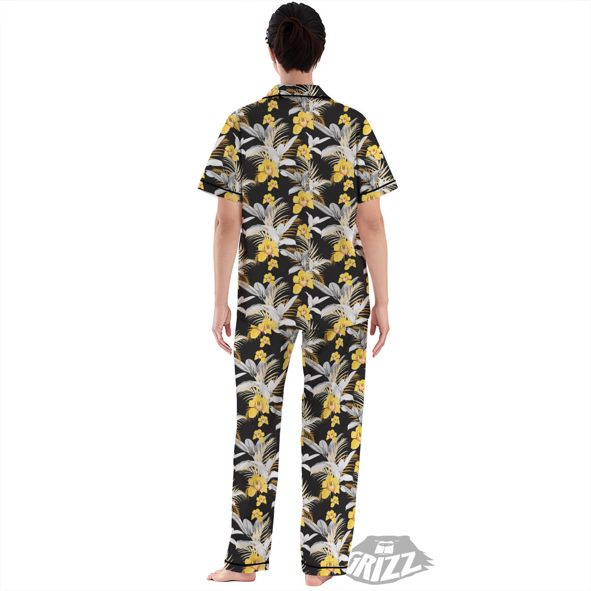 Plumeria Yellow And Black Print Pattern Women's Pajamas Set-grizzshop