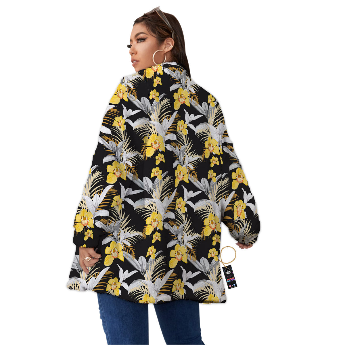 Plumeria Yellow And Black Print Pattern Women's Sherpa Jacket-grizzshop