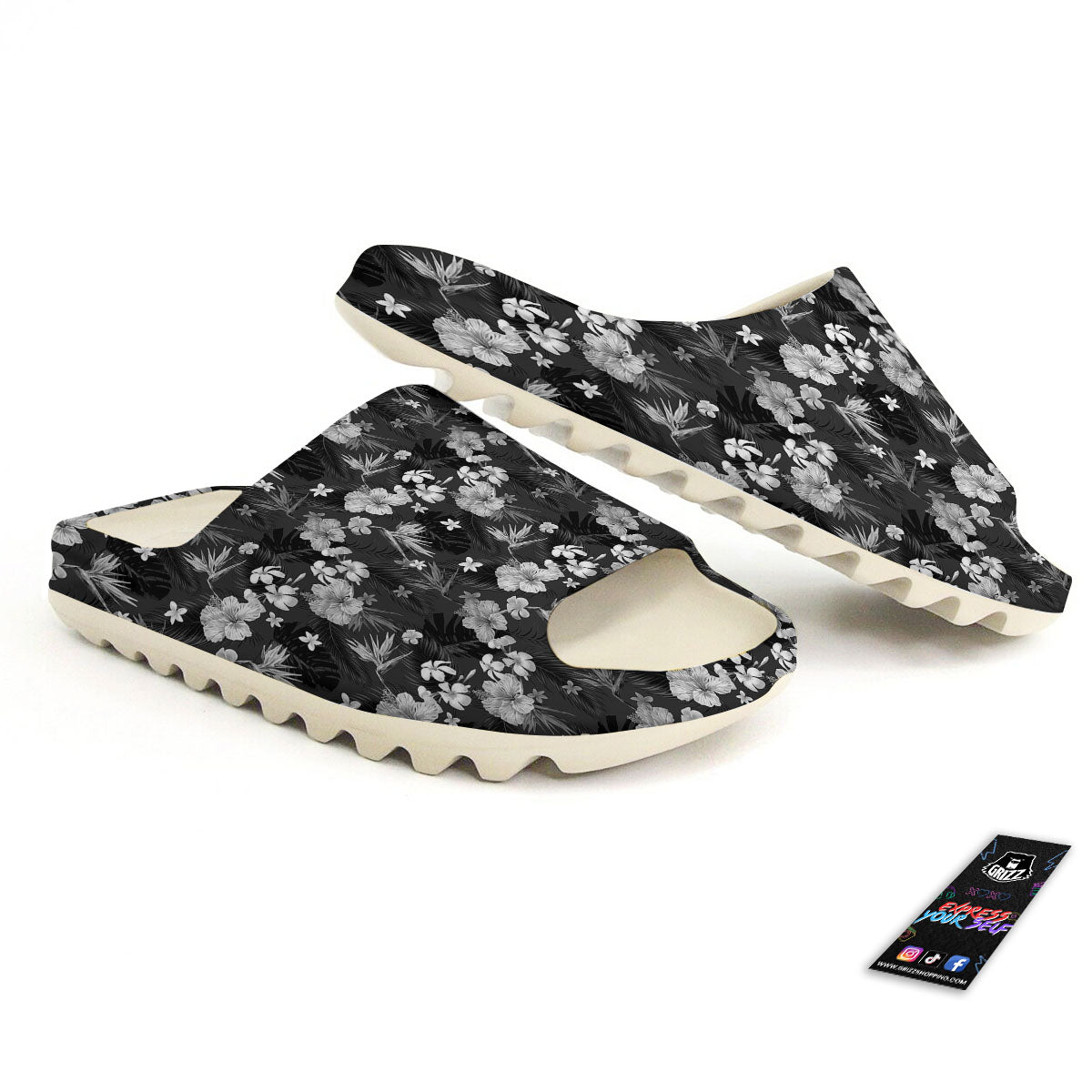 Plumeria Monochrome Print Pattern Sandals-grizzshop