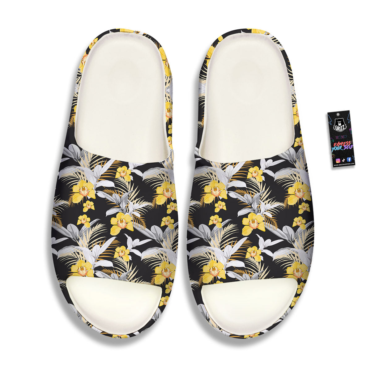 Plumeria Yellow And Black Print Pattern Sandals-grizzshop