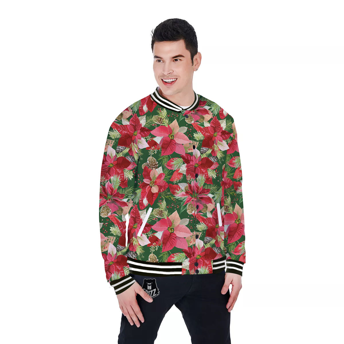 Poinsettia Christmas Vintage Print Pattern Baseball Jacket-grizzshop