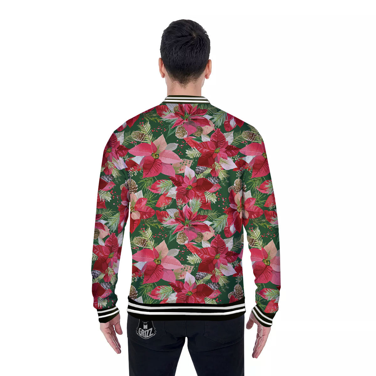 Poinsettia Christmas Vintage Print Pattern Baseball Jacket-grizzshop